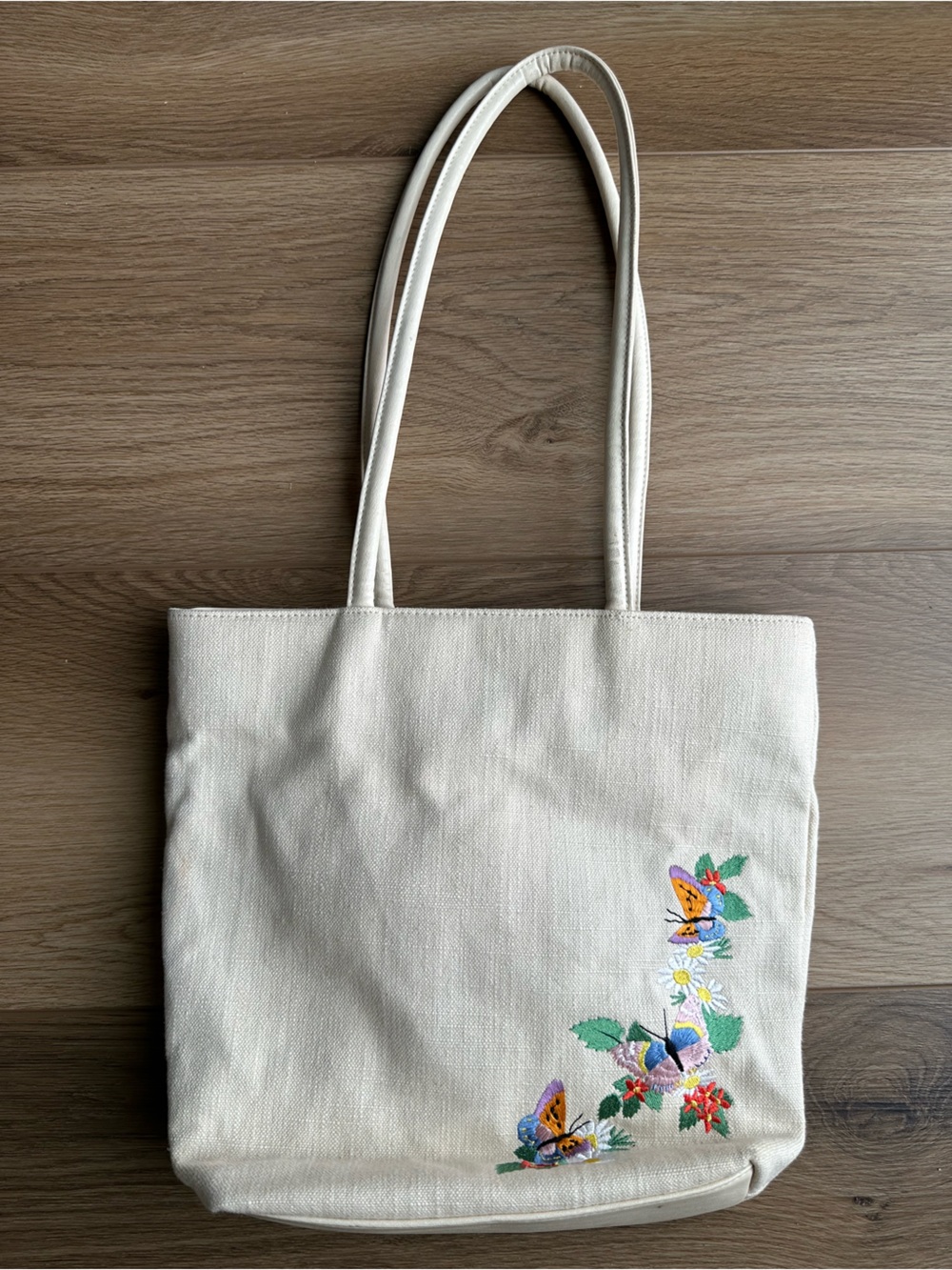 Linen embroidered shoulder bag ivory linen fabric with floral butterfly design